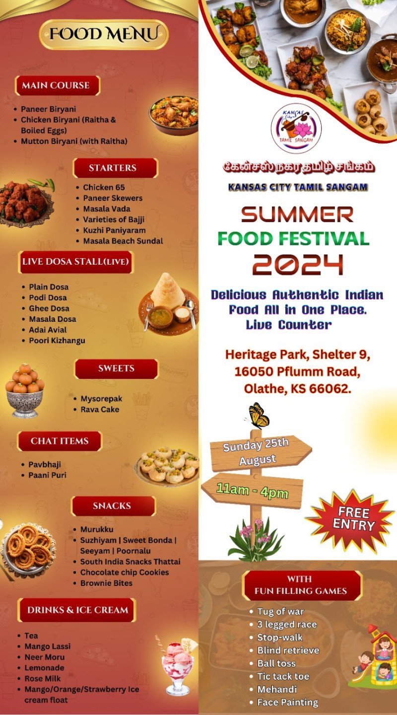 Here's a brief article you can use to promote the Kansas City Tamil Sangam Summer Food Festival 2024 on KCdesi: Join the Kansas City Tamil Sangam for a Delicious Summer Food Festival 2024!