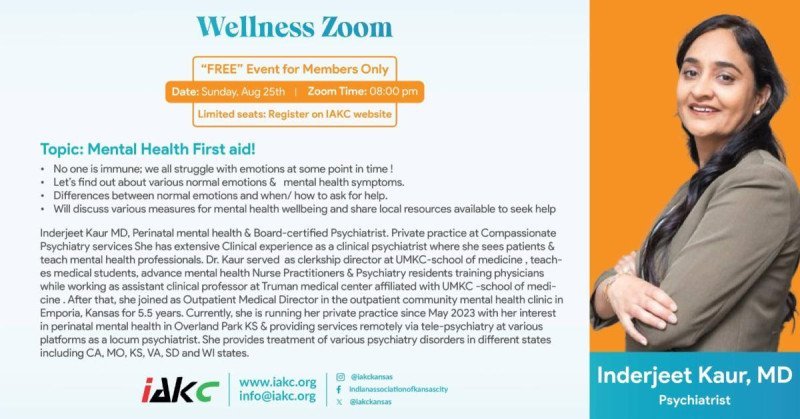 Join Us for a Wellness Zoom: Mental Health First Aid with Dr. Inderjeet Kaur