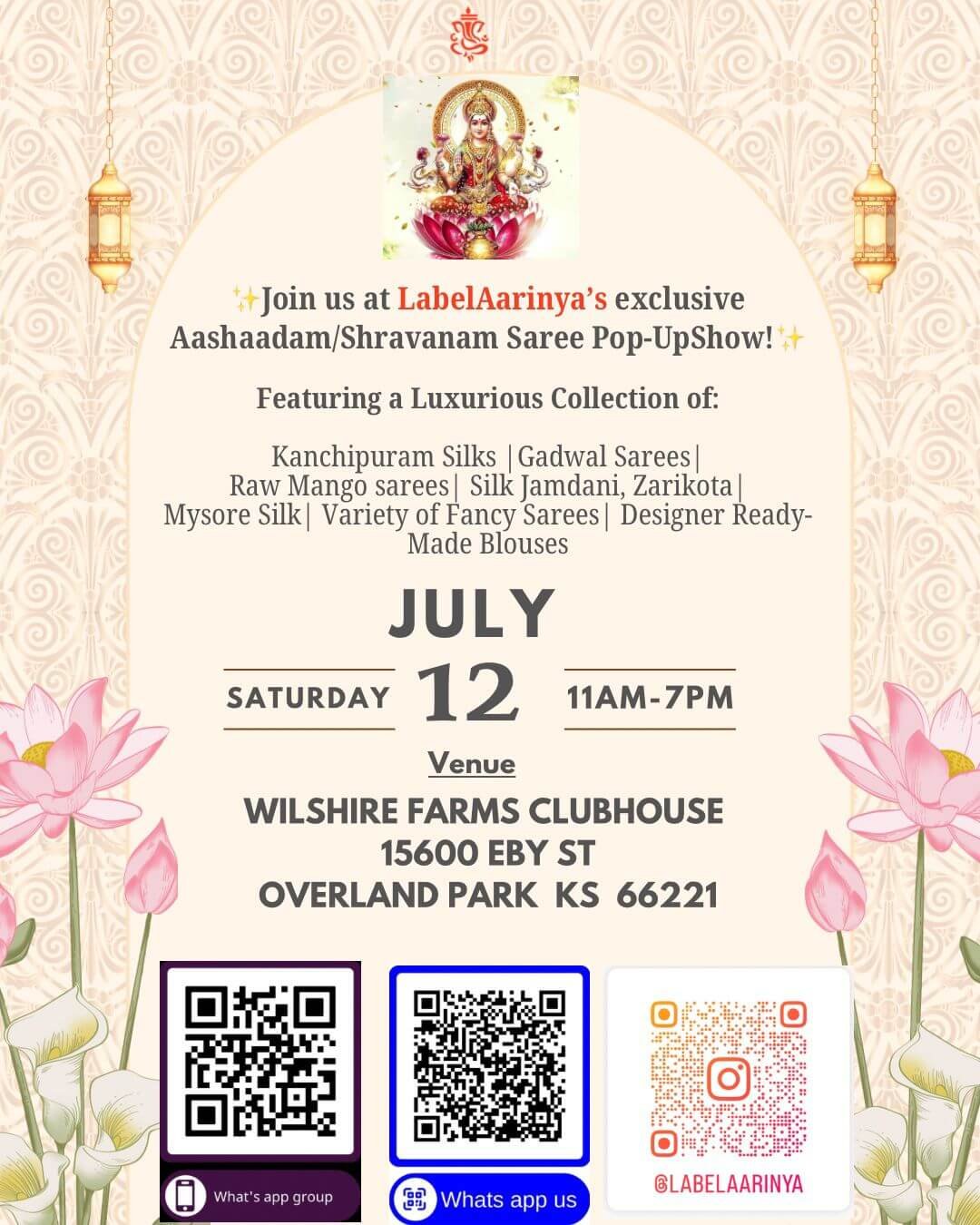 LabelAarinya’s Aashaadam/Shravanam Saree Pop-Up Show – July 12 in Overland Park